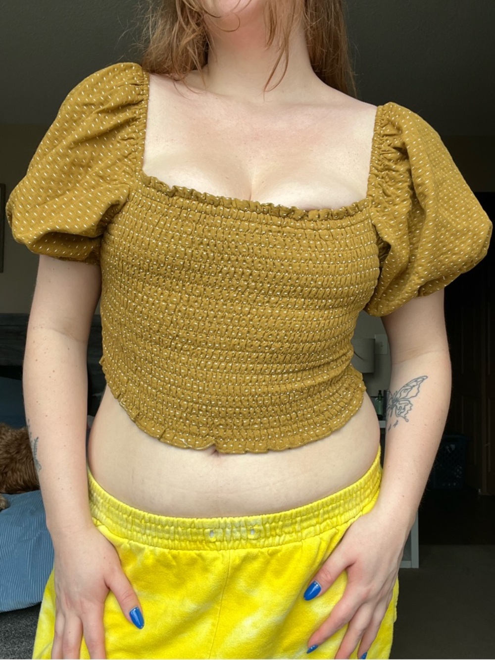 wild fable Mustard Smocked Puff-Sleeve Crop Top